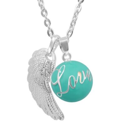 Turquoise zwangerschapsketting met verzilverde letters "Love" + vleugel